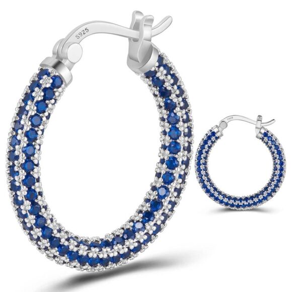 14K White Gold Sterling Silver with Blue Sapphire Cubic Zirconia Hoop Earrings - Picture 1 of 7
